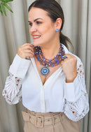 Colar Momentos jeans com pedras e pingente azuis