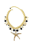 Colar Estrela Mar Pedras Pretas Dourado | Colar Beira-Mar