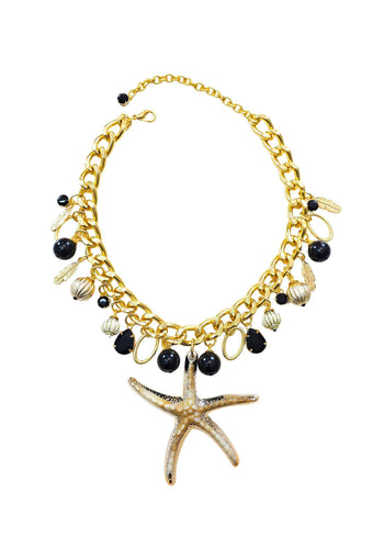 Colar Estrela Mar Pedras Pretas Dourado | Colar Beira-Mar