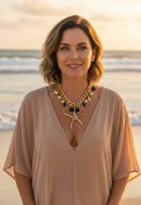 Colar Estrela Mar Pedras Pretas Dourado | Colar Beira-Mar