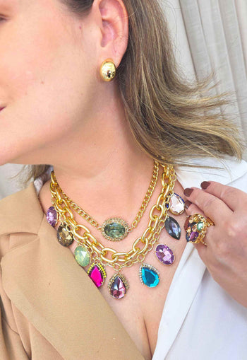 Maxi Colar Lívia: Estiloso de Elos com Gotas Coloridas no Dourado | Sucesso entre as Saharetes