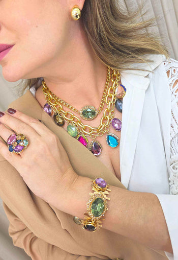 Maxi Colar Lívia: Estiloso de Elos com Gotas Coloridas no Dourado | Sucesso entre as Saharetes