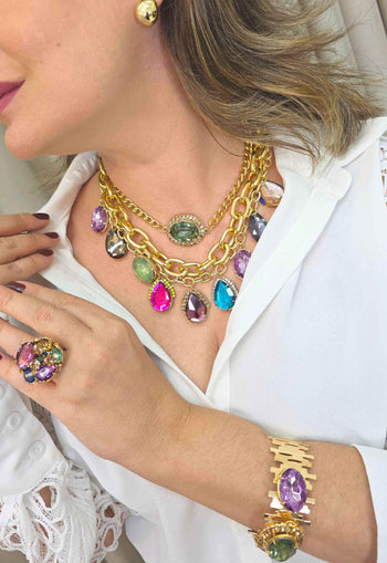 Maxi Colar Lívia: Estiloso de Elos com Gotas Coloridas no Dourado | Sucesso entre as Saharetes