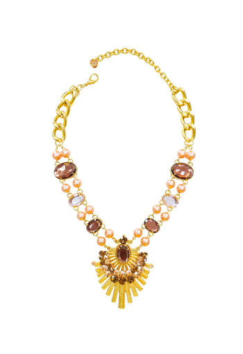 Maxi Colar Vicentina: Moda Festa com Pingente de Pedras Peach e Marrom no Dourado | Design By Sahara