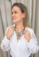 Maxi Colar Reflexo com Pingente de Crucifixo e Strass Cristal Banhado no Grafite