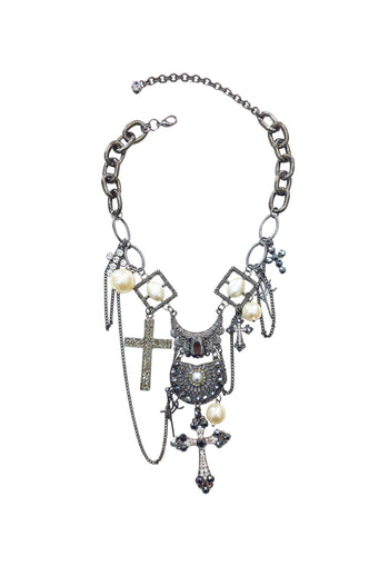 Maxi Colar Reflexo com Pingente de Crucifixo e Strass Cristal Banhado no Grafite