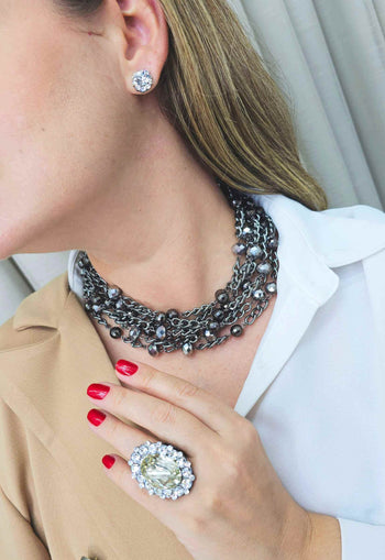 Colar Momentos Cristal com correntes onix pedras hematite e strass cristal