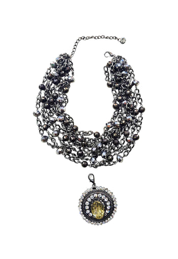 Colar Momentos Cristal com correntes onix pedras hematite e strass cristal