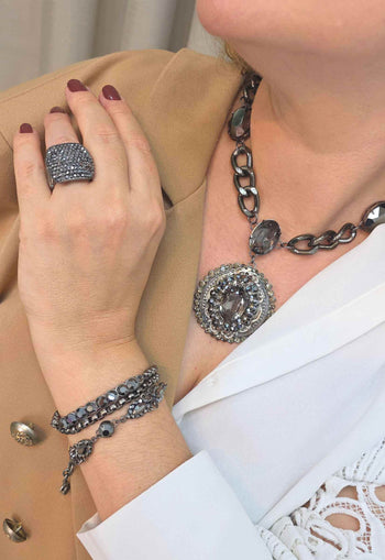 Colar Malta: Moderno com Elos e Pedras em Tons de Grafite e Cinza Banhado no Grafite | Peça Exclusiva