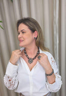Colar Giovana grafite com pedras hematite e pingente moda festa