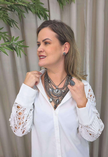 Maxi Colar Assunção: Mix de Correntes, Pedras Hematite e Black Diamond no Grafite | Design By Sahara