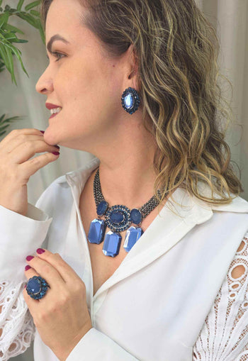 Maxi colar Orlandia luxo de pedras azuis e venezianas grafites