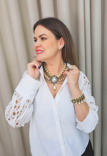 Maxi colar Emporium de pérolas com pingente boreal e correntes ouro velho