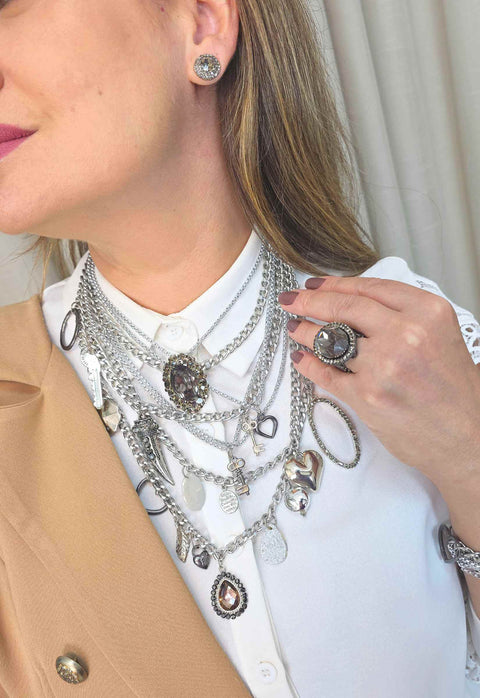 Maxi Colar Vesper: Moderno com Mix de Correntaria e Pedras Grafite no Prata | Tendência Internacional