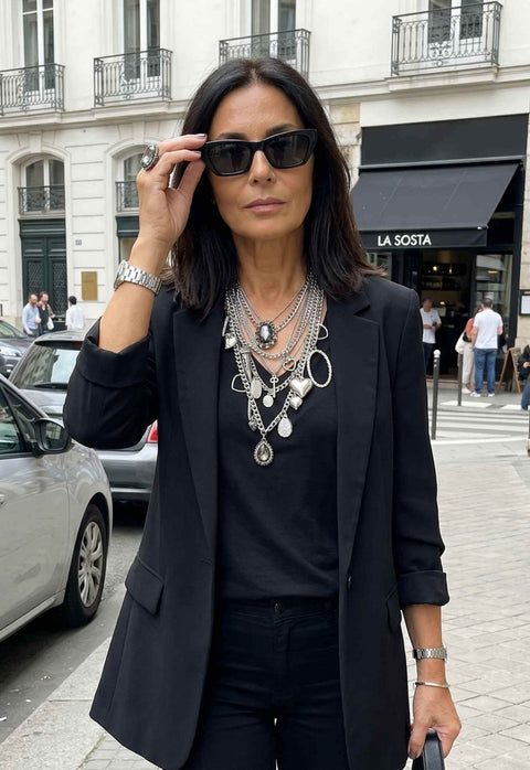 Maxi Colar Vesper: Moderno com Mix de Correntaria e Pedras Grafite no Prata | Tendência Internacional