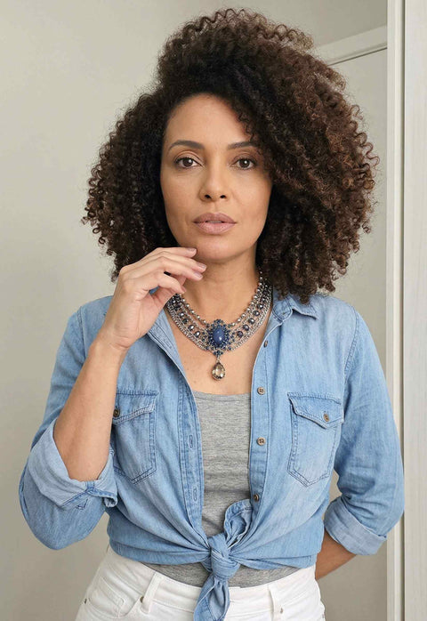 Maxi Colar Emporium Blue: Clássico com Pingente Azul e Correntes no Prata | Design By Sahara Acessórios