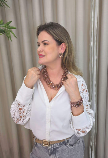 Colar Ully Vintage com mix de elos vintage com perolas e cristais rose marrom