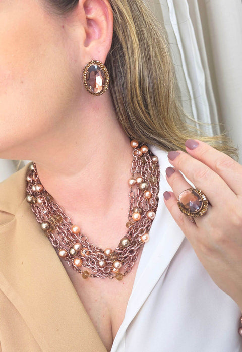 Colar Ully Vintage com mix de elos vintage com perolas e cristais rose marrom