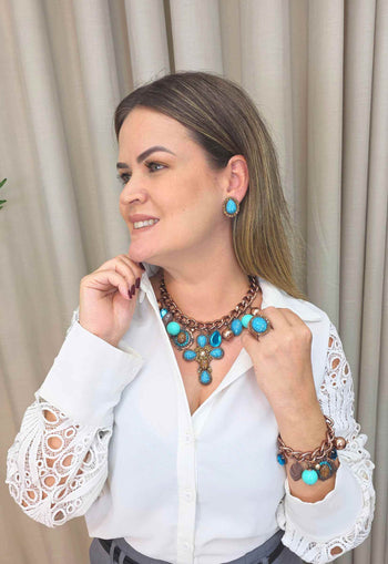 Maxi Colar Crucifixo Azul Turquesa Vintage Elos | Maxi Colar Antiquário