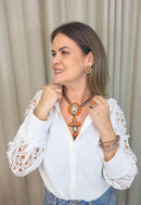 Colar Fascinação: com Pingente Redondo, Crucifixo e Pedras Laranja no Vintage | Peça Exclusiva