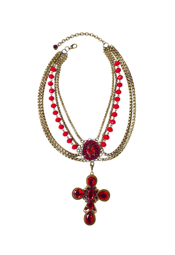 Colar Fortaleza de crucifixo com pedras e cristais vermelho e venezianas no banho ouro velho