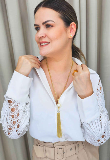 Colar Sucesso gold com perolas e strass black diamond e hematite