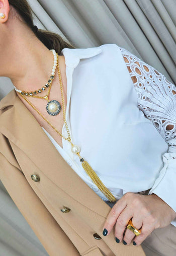 Colar Sucesso gold com perolas e strass black diamond e hematite