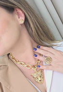 Maxi Colar Aisha gold com pingente de onça dourado e pedras light colorado topaz