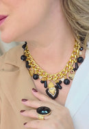 Maxi Colar Zaira: Romântico com Pedras Pretas, Coração, Cristais pretos e Corrente no Dourado | Look de Festa