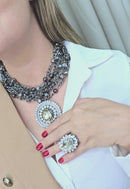 Colar Momentos Cristal com correntes onix pedras hematite e strass cristal