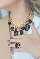 Maxi colar Diamante Negro com pingentes e pedras pretas banhado no dourado