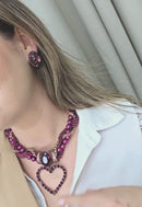 Colar Vanguarda com pingente de coração, cordão, bolas roxas e pedras ametistas