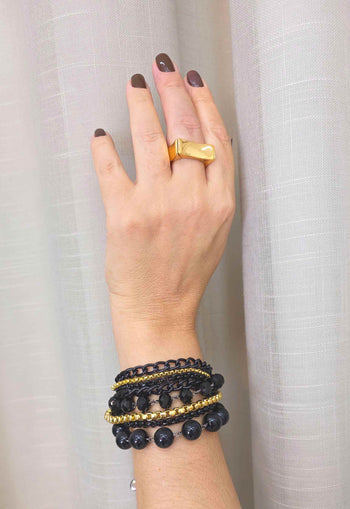 Pulseira Magnífica com Bolas Pretas e Correntes Preto e Dourado - Peça Exclusiva