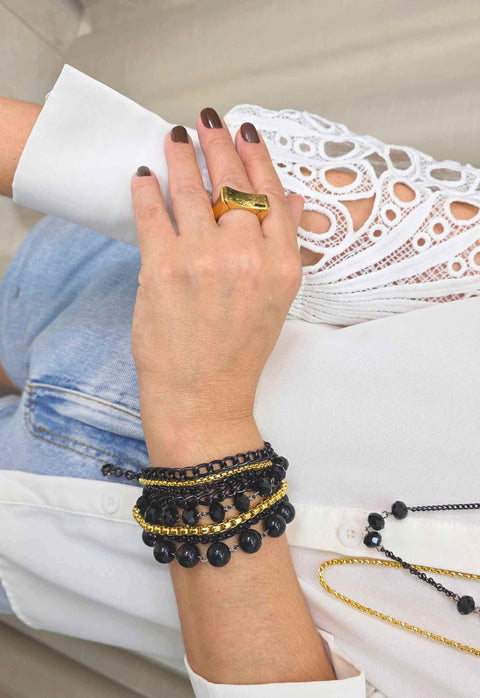 Pulseira Magnífica com Bolas Pretas e Correntes Preto e Dourado - Peça Exclusiva