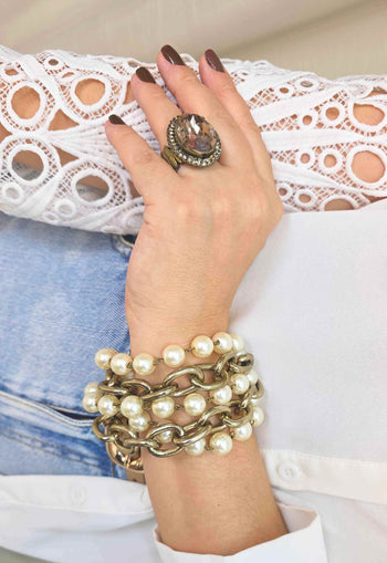 Pulseira Audácia com Pérolas e Corrente Ouro Velho - Peça Artesanal Exclusiva