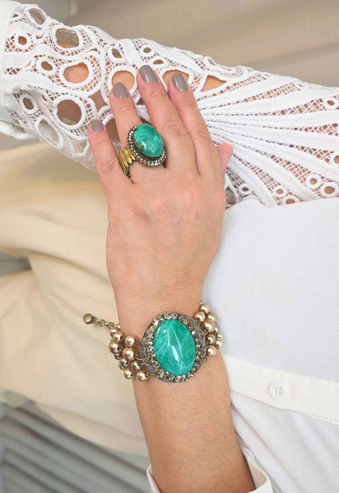 Pulseira Beatriz Pérolas Nude com Pedras Verde Água Ouro Velho | Sahara Acessórios