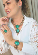 Pulseira Beatriz Pérolas Nude com Pedras Verde Água Ouro Velho | Sahara Acessórios