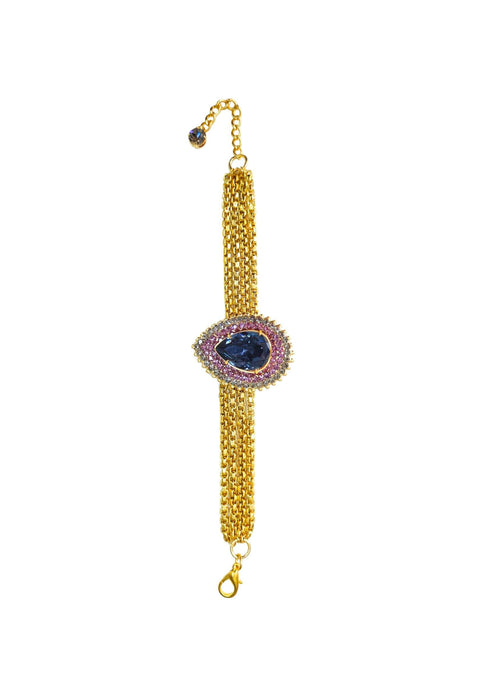 Pulseira Charline com pingente de gota de pedras ametista, azul e black diamond banhado no dourado