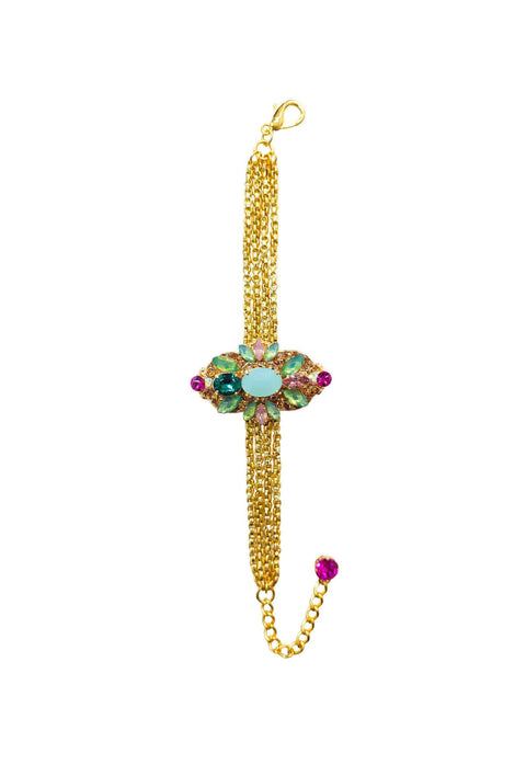 Pulseira Glaura: Com Pingente Oval de Pedras Coloridas e Venezianas no Dourado | Look de Festa