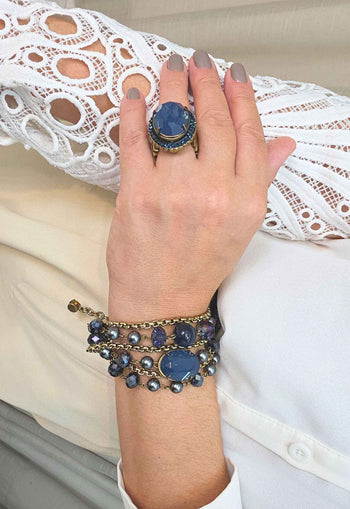 Pulseira Manuscrito Festa com Pedras Azuis e Pérolas Ouro Velho | Sahara Acessórios