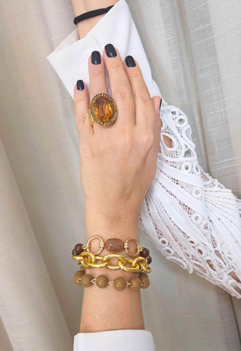 Pulseira Acervo: Mix de Elos com Bolas e Pedras em Tons Marrom no Dourado | Peça Exclusiva
