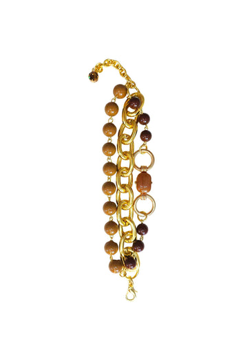 Pulseira Acervo: Mix de Elos com Bolas e Pedras em Tons Marrom no Dourado | Peça Exclusiva