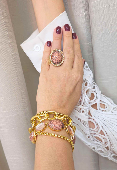 Pulseira Elos Dourados Pedras Pêssego Ajustável | Pulseira Tessália