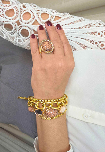 Pulseira Elos Dourados Pedras Pêssego Ajustável | Pulseira Tessália