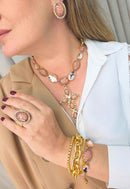 Pulseira Elos Dourados Pedras Pêssego Ajustável | Pulseira Tessália