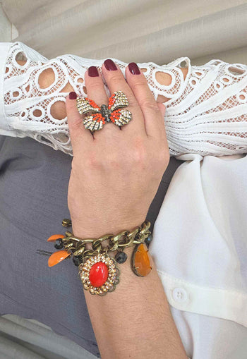 Pulseira Elos Pingentes Laranja Ouro Velho Ajustável | Pulseira Preciosidade