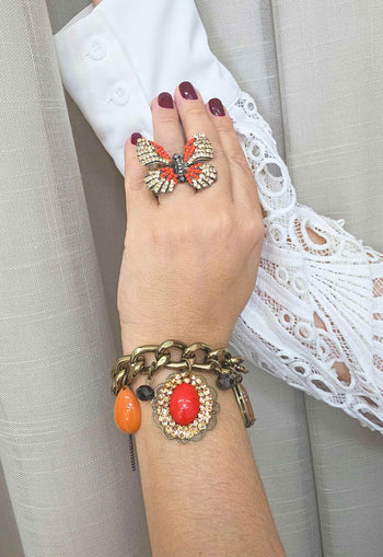 Pulseira Elos Pingentes Laranja Ouro Velho Ajustável | Pulseira Preciosidade