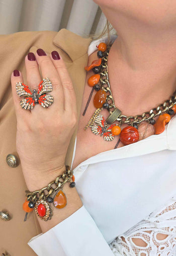 Pulseira Elos Pingentes Laranja Ouro Velho Ajustável | Pulseira Preciosidade