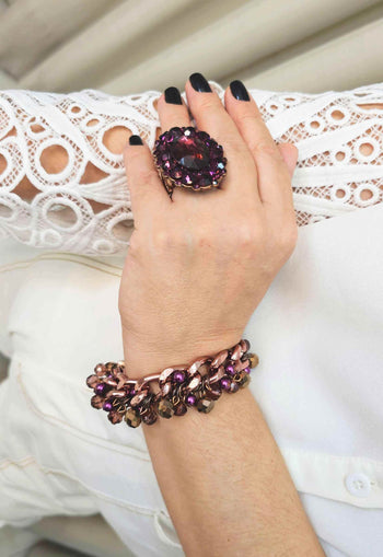 Pulseira Arminda luxo com pedras e cristais ametista banhado no vintage