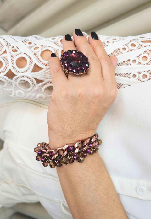 Pulseira Arminda luxo com pedras e cristais ametista banhado no vintage